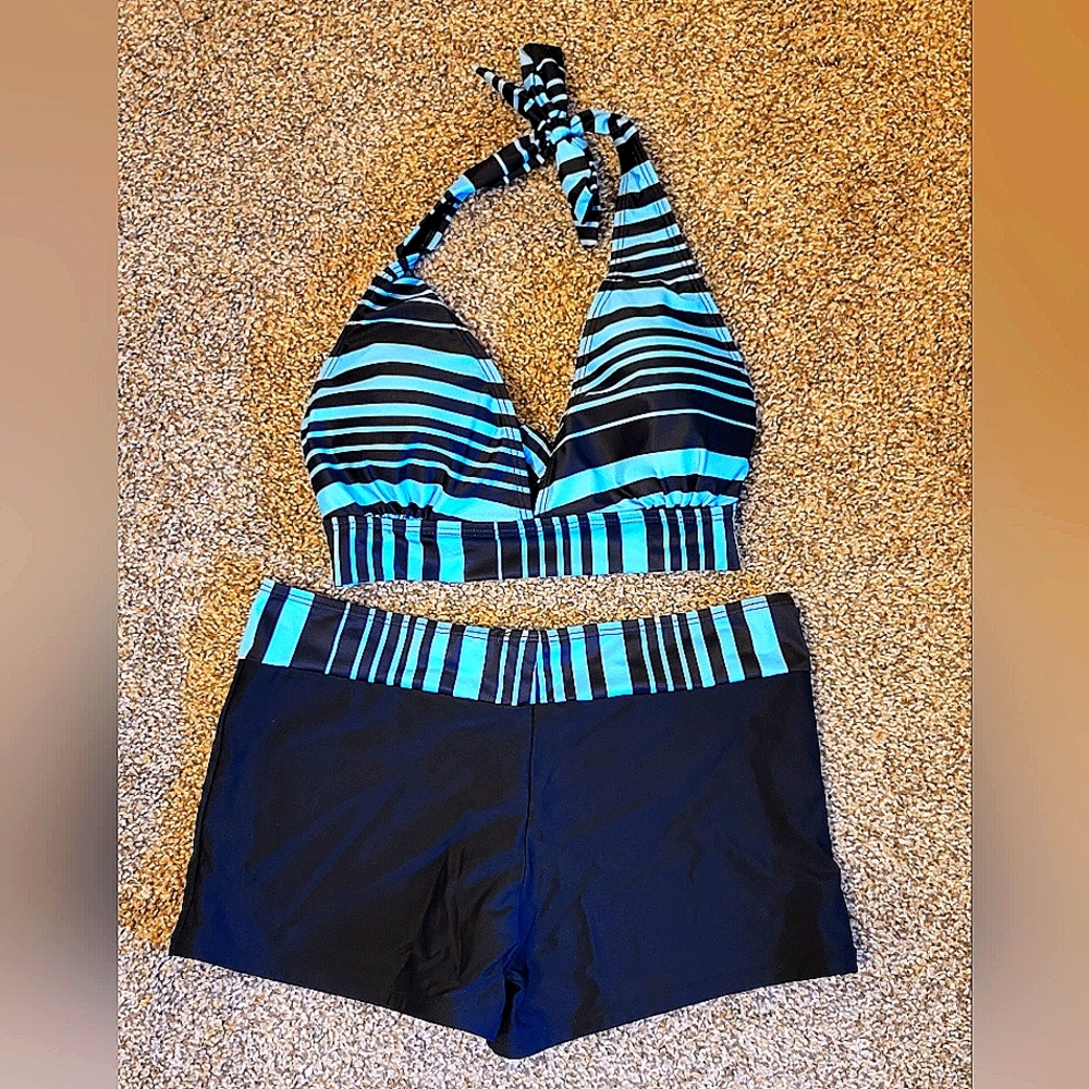 Blue and Black Halter Bikini with Boy Shorts